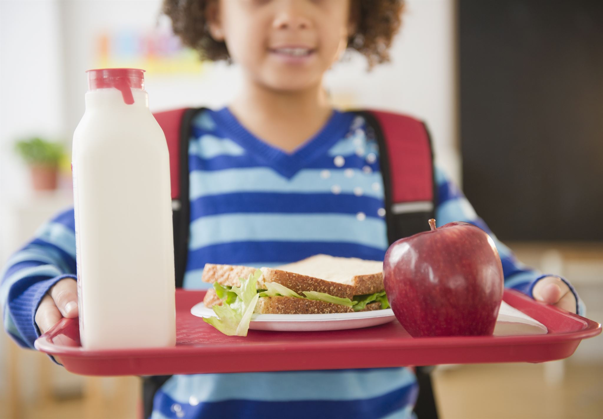 Schulessenstablett-mit-Milch,-Sandwich-und-Apfel-in-der-Hand-eines-Schulkinds-2